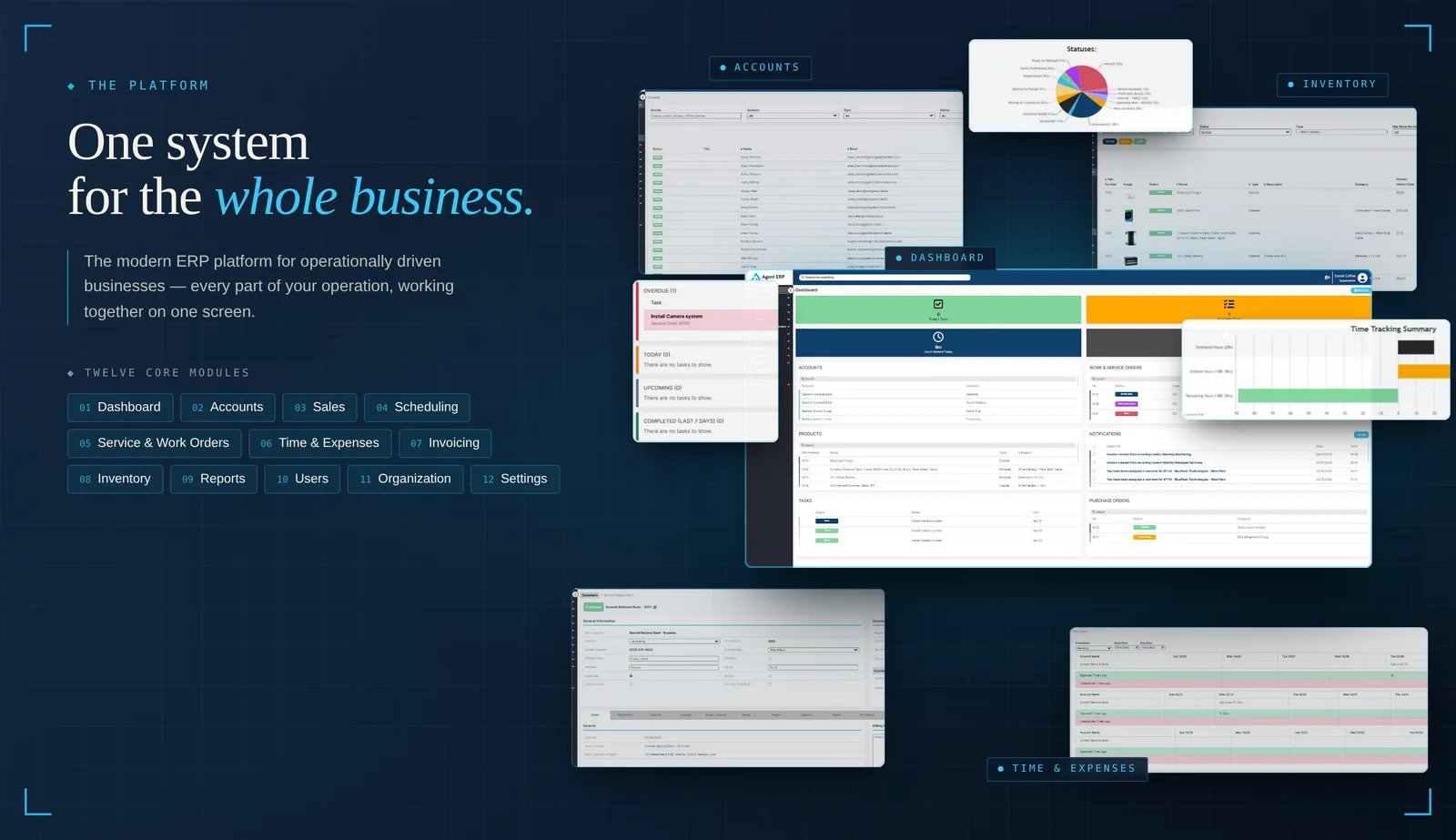 Agent ERP dashboard, accounts, inventory and time tracking screens